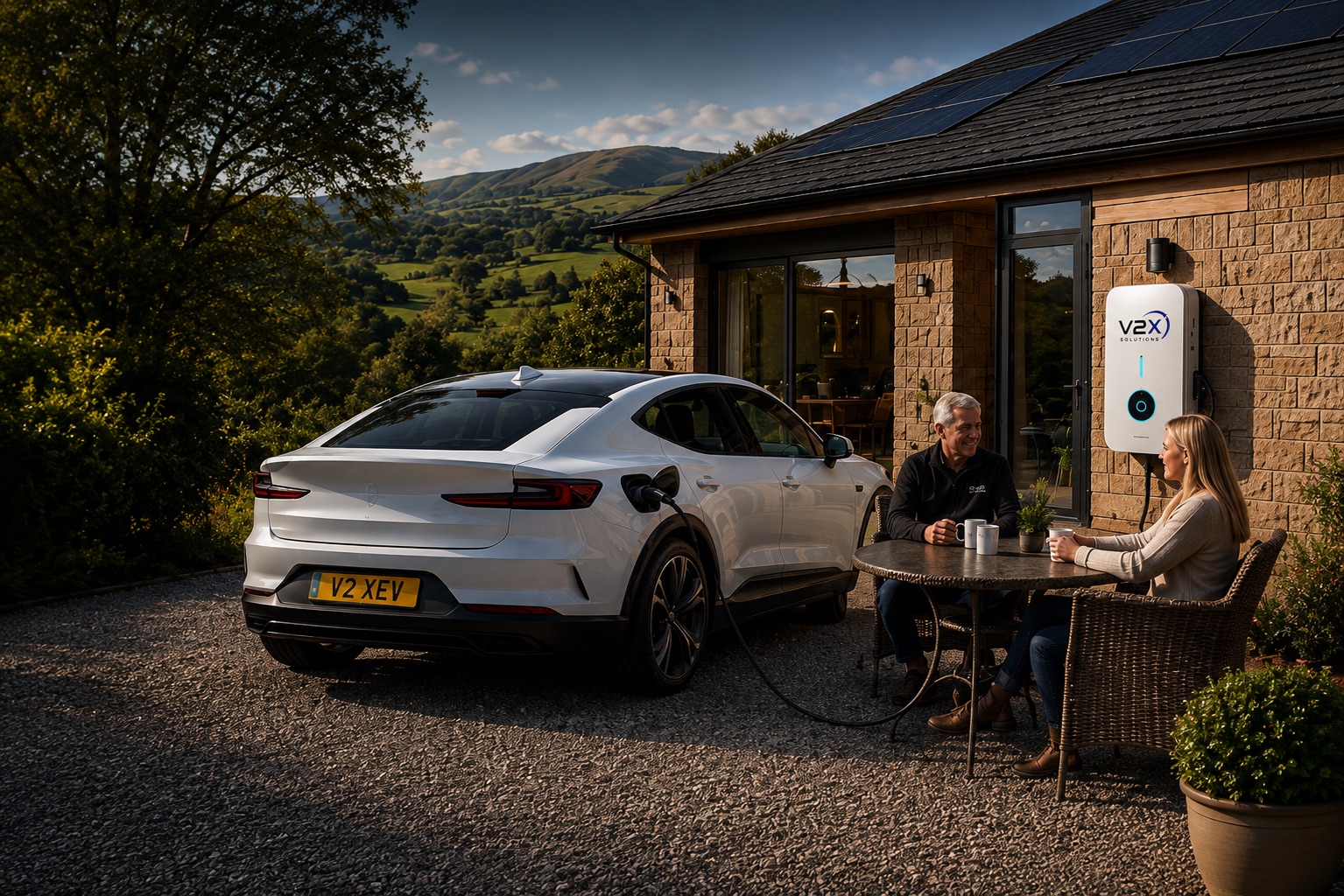Couple with an EV charging at the V2X West Wales demo centre