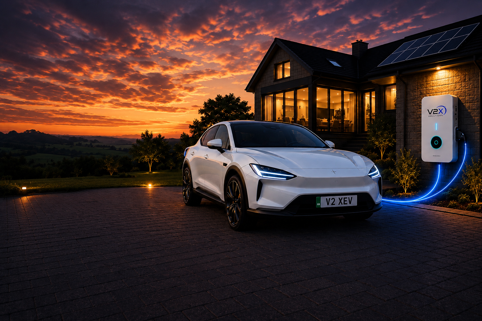 A white EV charging via a V2X home charger outside a house with rooftop solar panels at sunset