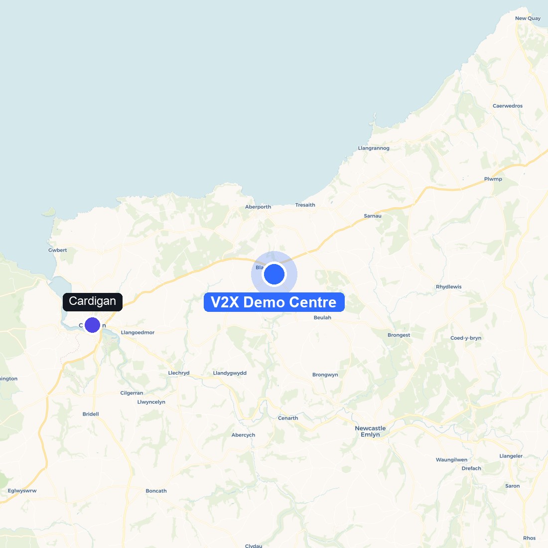 Map showing the V2X Solutions demo centre near Cardigan, Ceredigion, West Wales